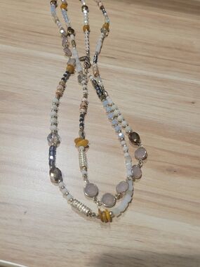 Multi-Strand Beaded Necklace in Cream and Amber Tones